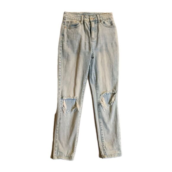 No Boundaries Jeans Juniors 3 Distressed White Wash Rips High Rise Blue Zip Fly - Picture 1 of 9